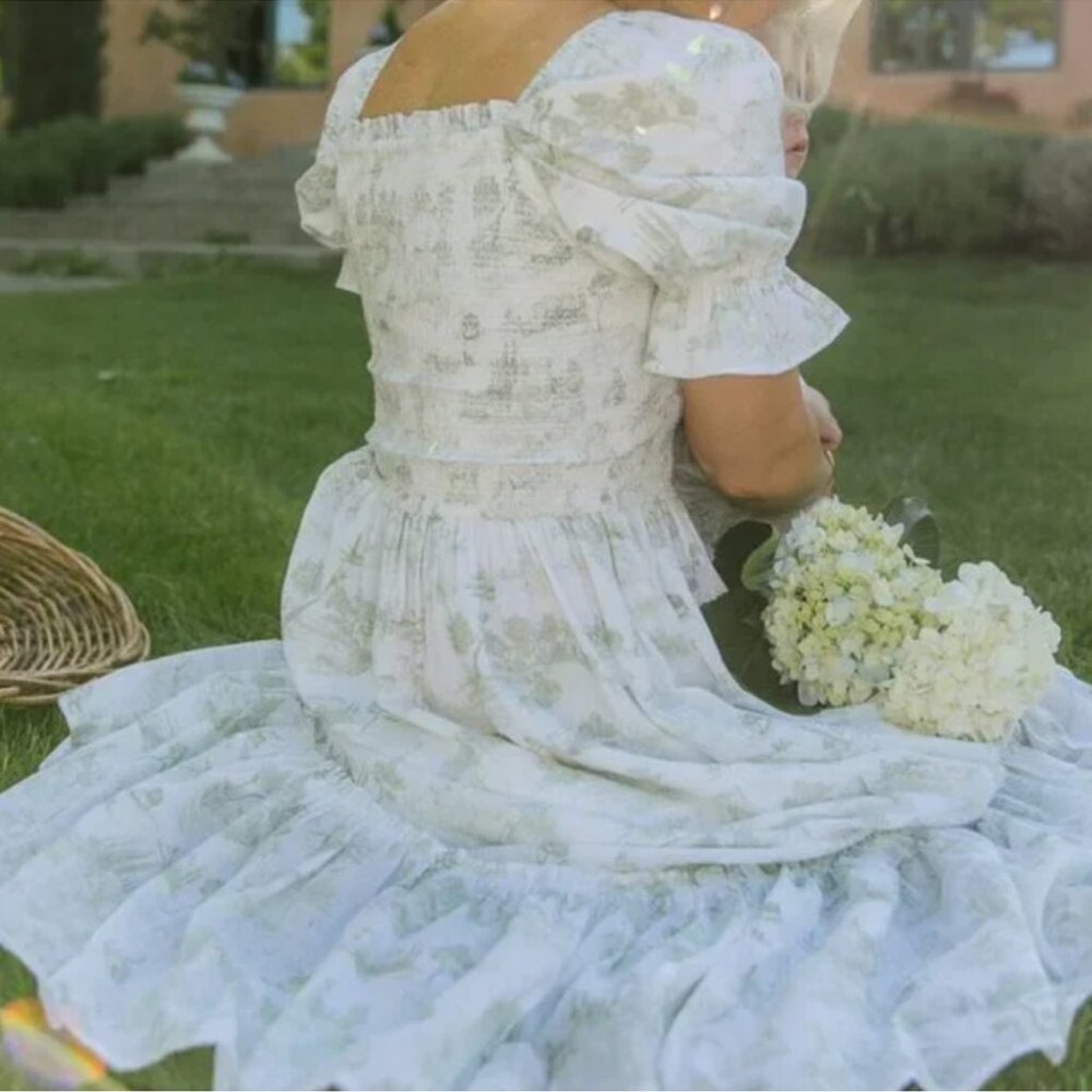 Ivy City Co. Valencia White Smocked Cottage Tiered Midi White Green Floral Dress - Picture 2 of 6